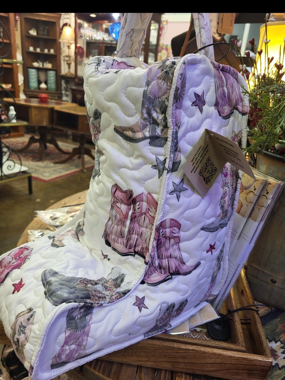 Quilted White Tote with Lavender Western Boot Print